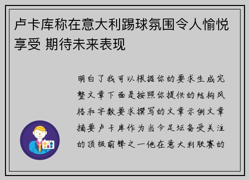卢卡库称在意大利踢球氛围令人愉悦享受 期待未来表现 卢卡库称在意大利踢球氛围令人愉悦享受 期待未来表现