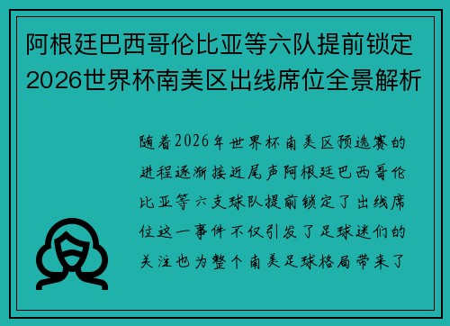 阿根廷巴西哥伦比亚等六队提前锁定2026世界杯南美区出线席位全景解析